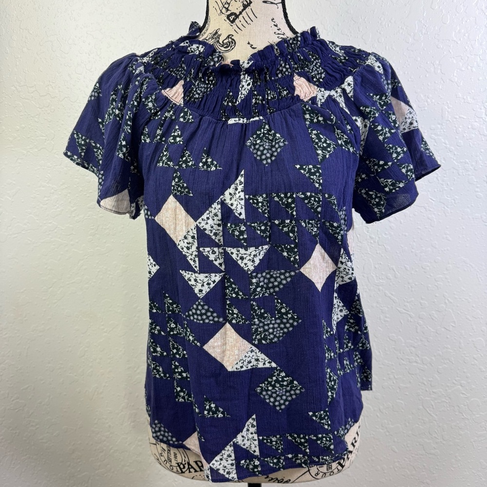 Madewell blouse smocked mock neck XS patchwork boho casual Navy Geometric‎ Top - Picture 2 of 10
